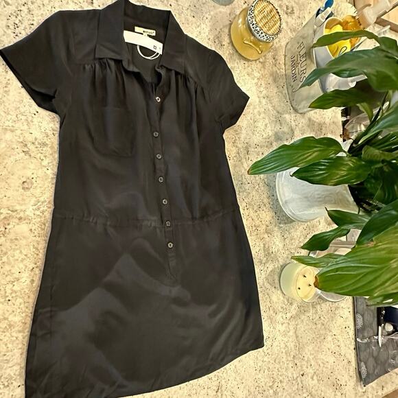 Revolve LA Made Womens Medium 100% Silk Mini Dress Black Button Short Sleeve NWT - Picture 1 of 12